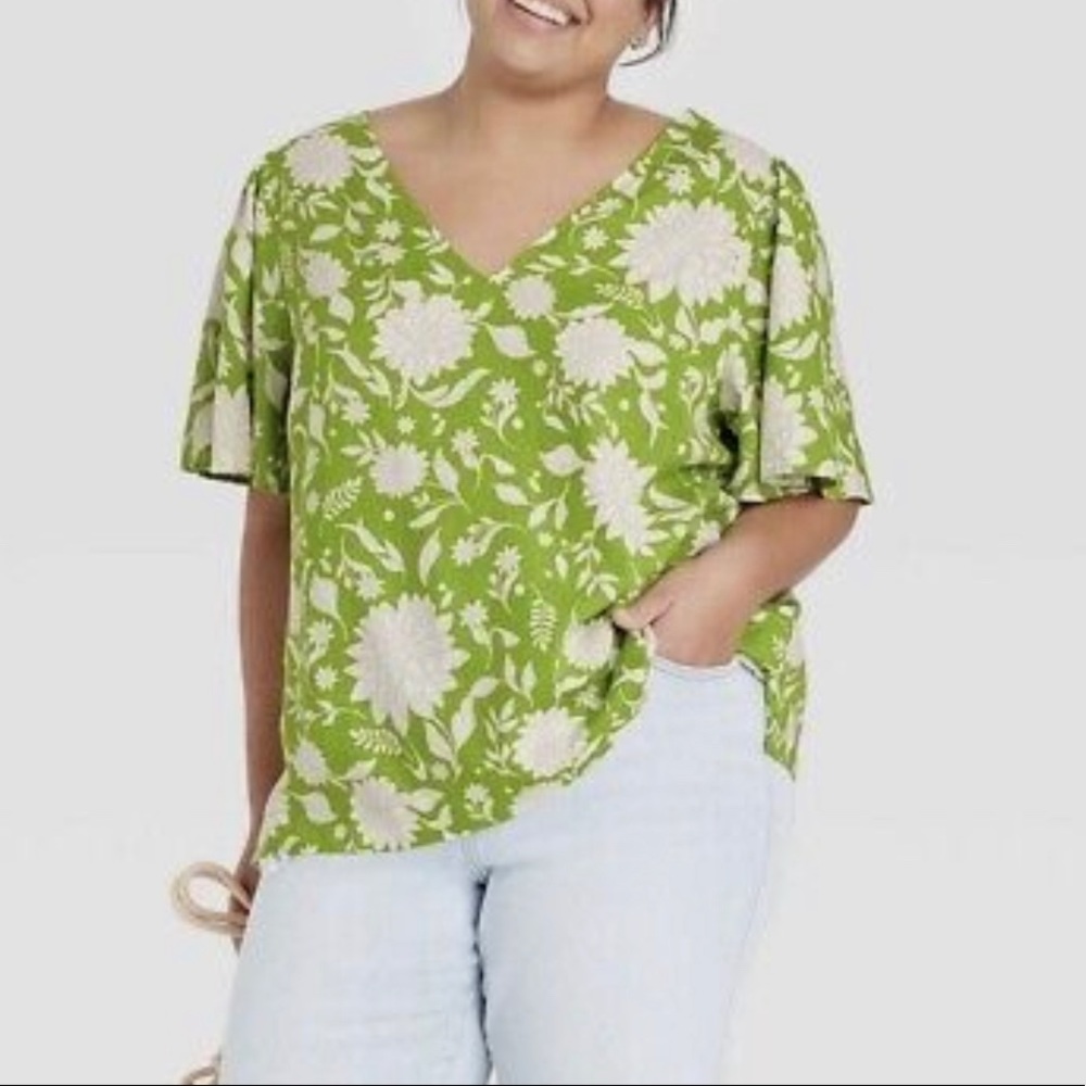 Ava & Viv Flutter Sleeve Top Linen Blend Shirt Blouse